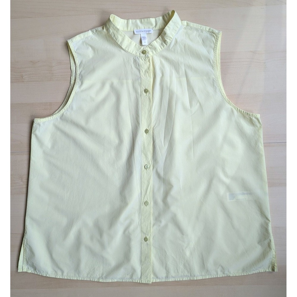 Eileen Fisher Minimalist Butter Yellow‎ Sleeveless Mandarin Collar Button Up